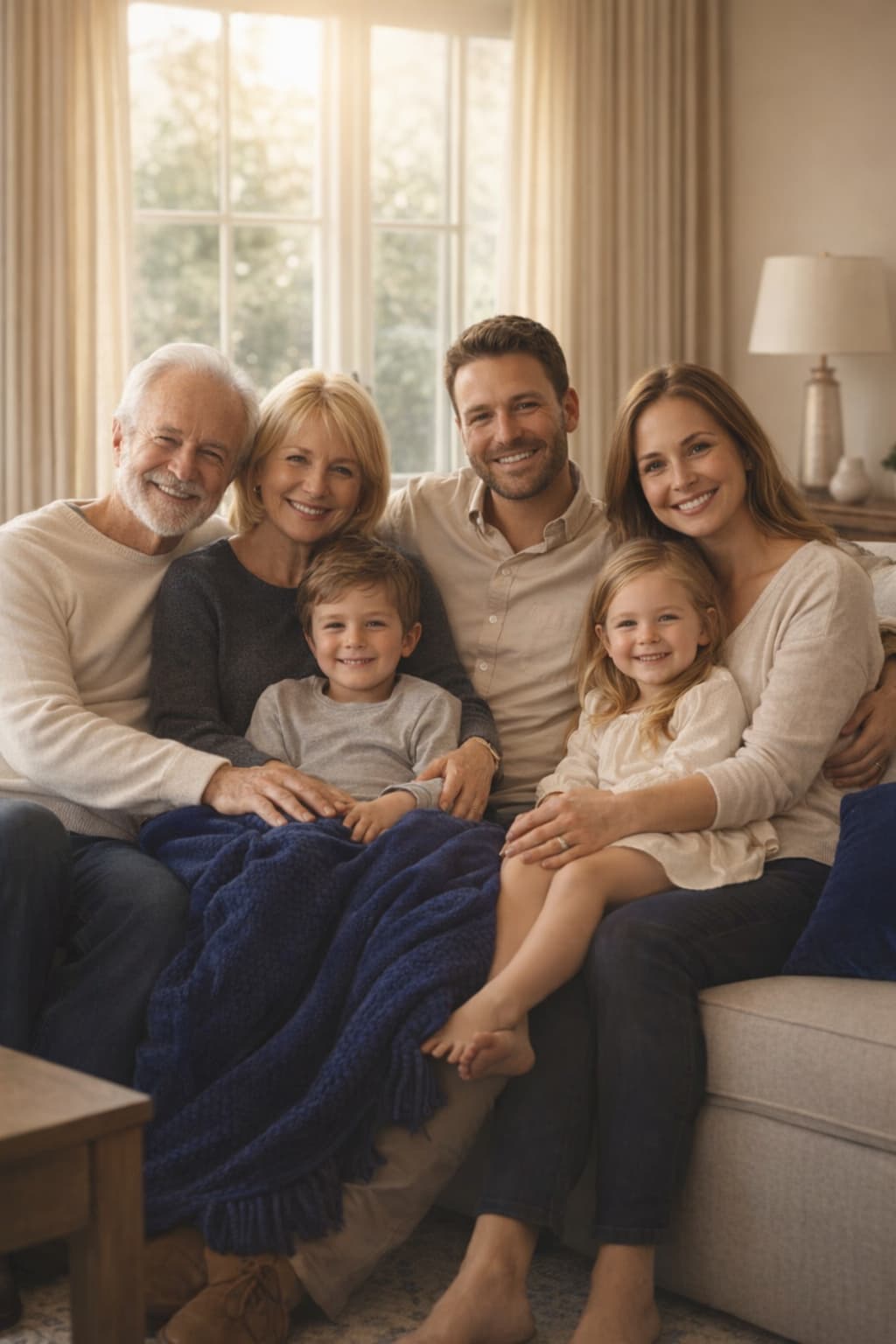 Multigenerational family sitting together in a warm, sunlit living room, representing the peace of mind that life insurance provides.