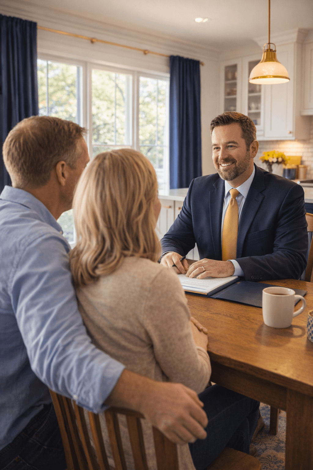 Shanley Insurance agent meeting with a couple at their kitchen table in a cozy Upstate SC home