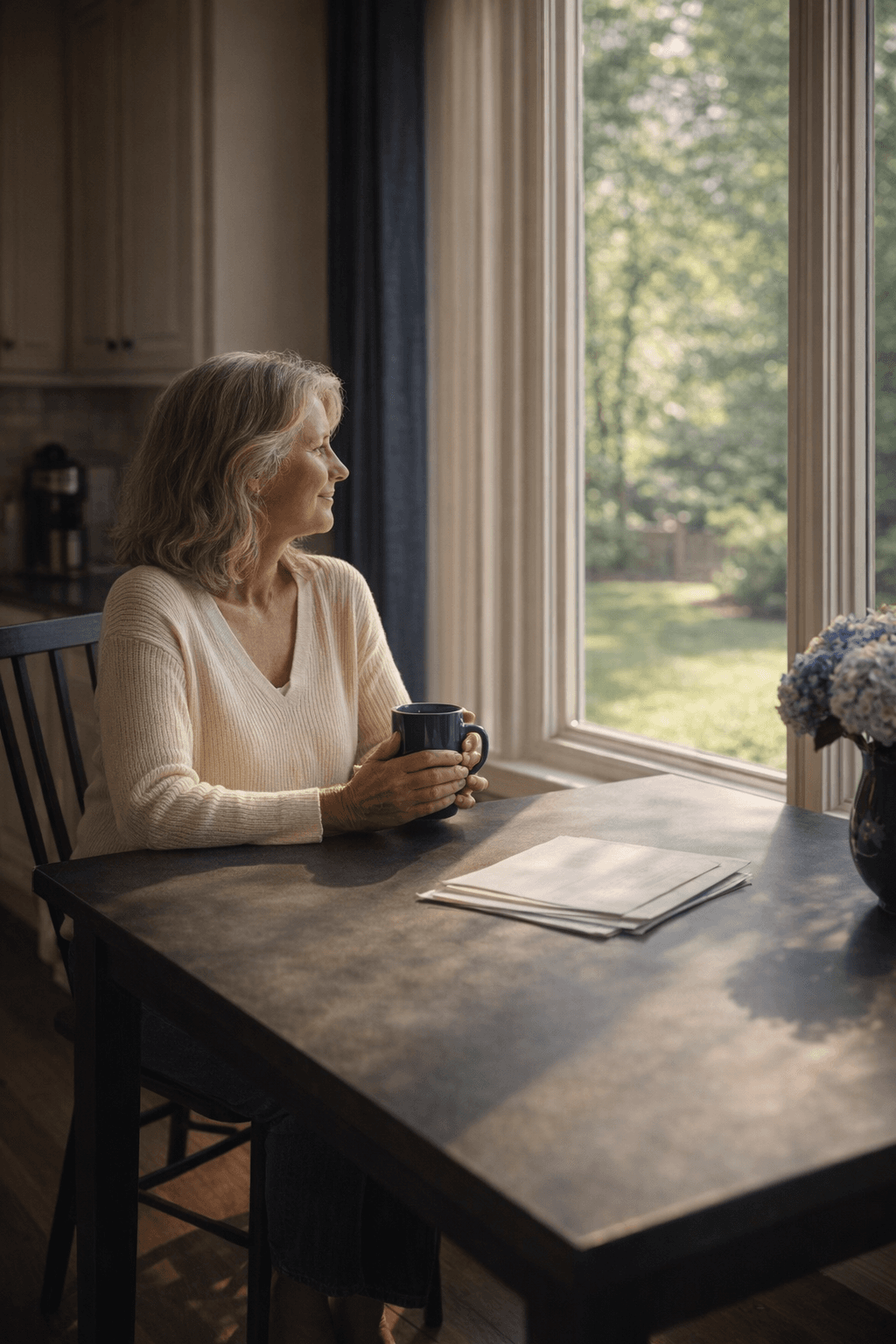 A woman at peace at her kitchen table on a Saturday morning, representing financial security and peace of mind through insurance planning
