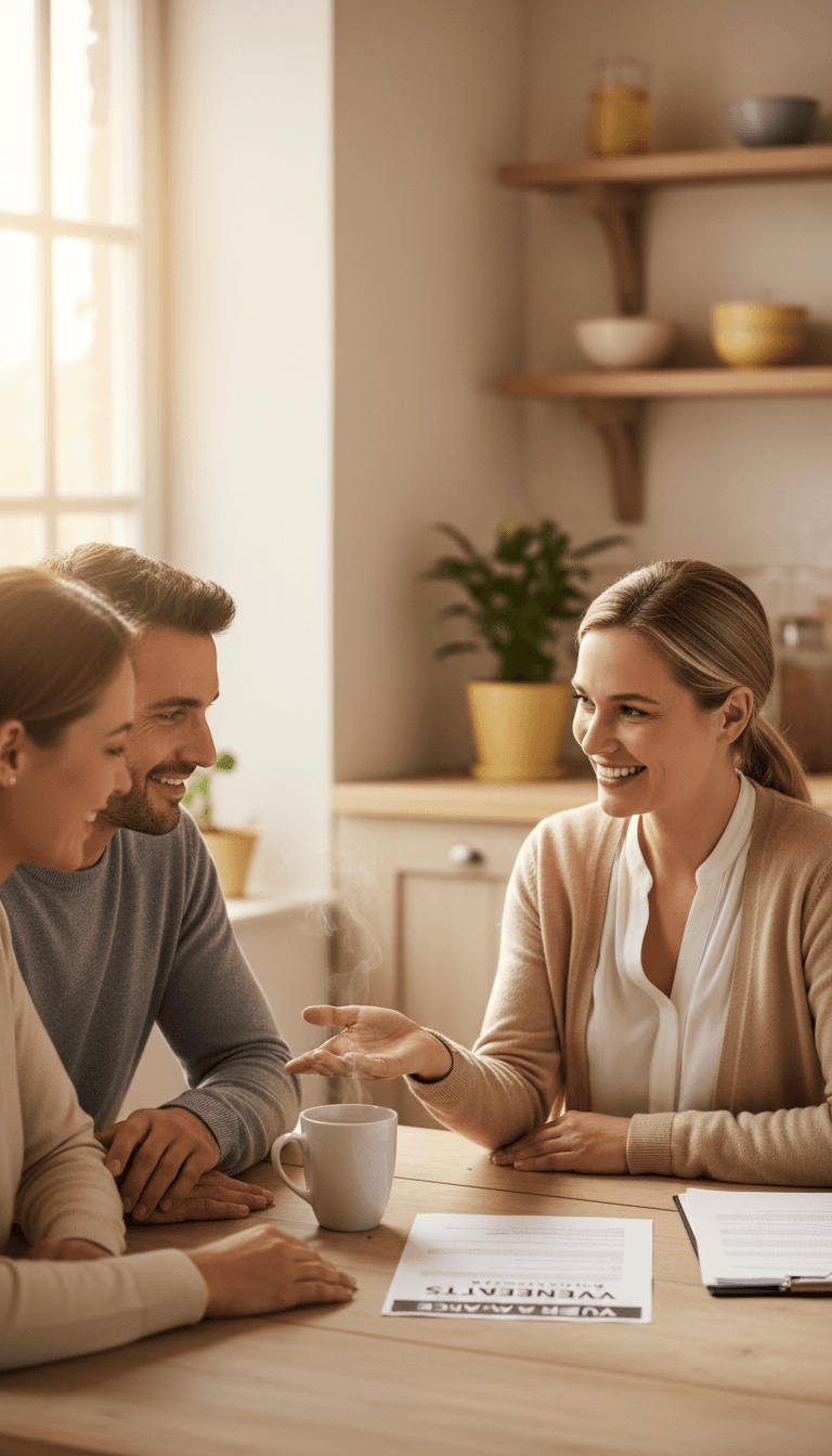 Insurance advisor meeting with a couple at their kitchen table