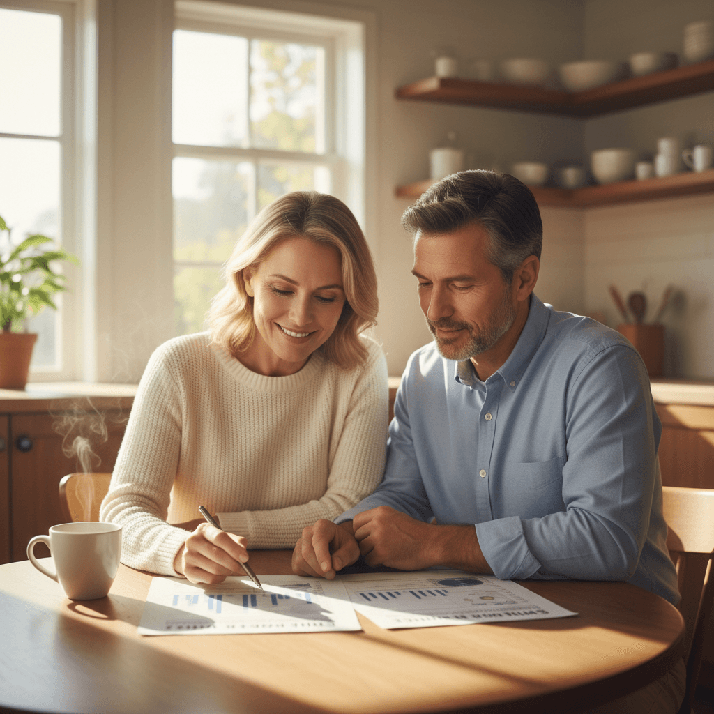 Couple reviewing life insurance documents at home