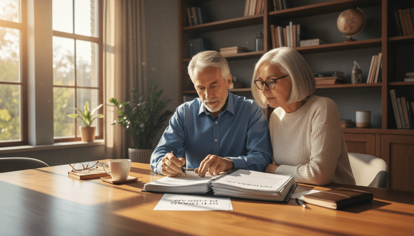 Mature couple reviewing retirement planning documents together in their home