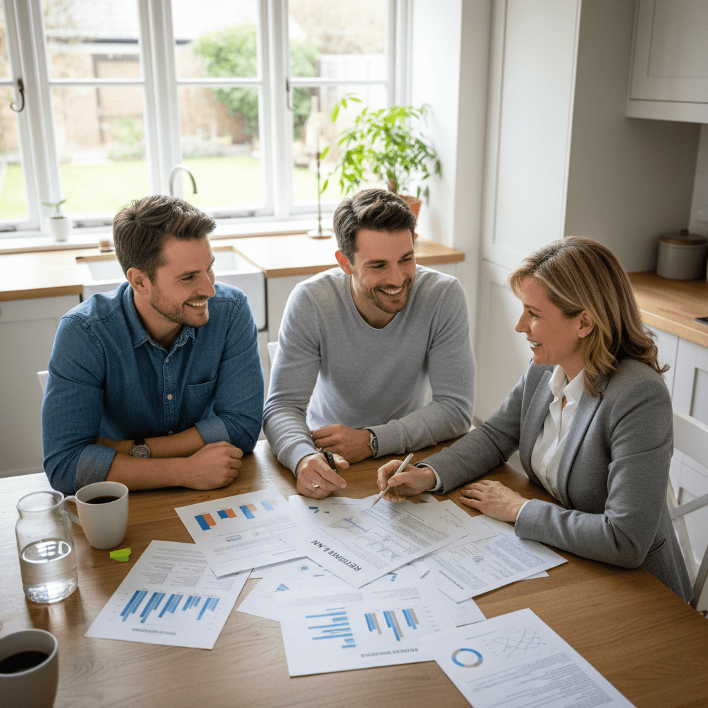 Insurance agent showing policy documents to a couple at a kitchen table