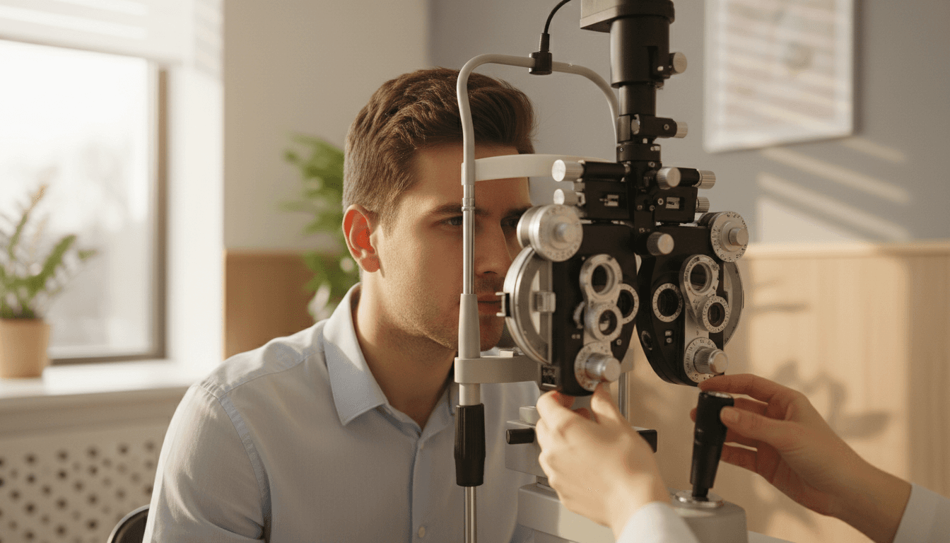 Young man undergoing eye exam with optometrist