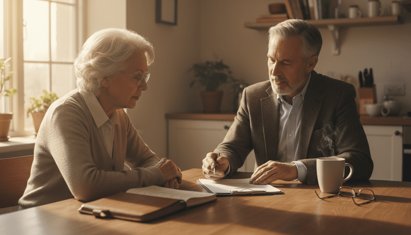 Senior couple reviewing Medicare documents with an insurance agent at their kitchen table