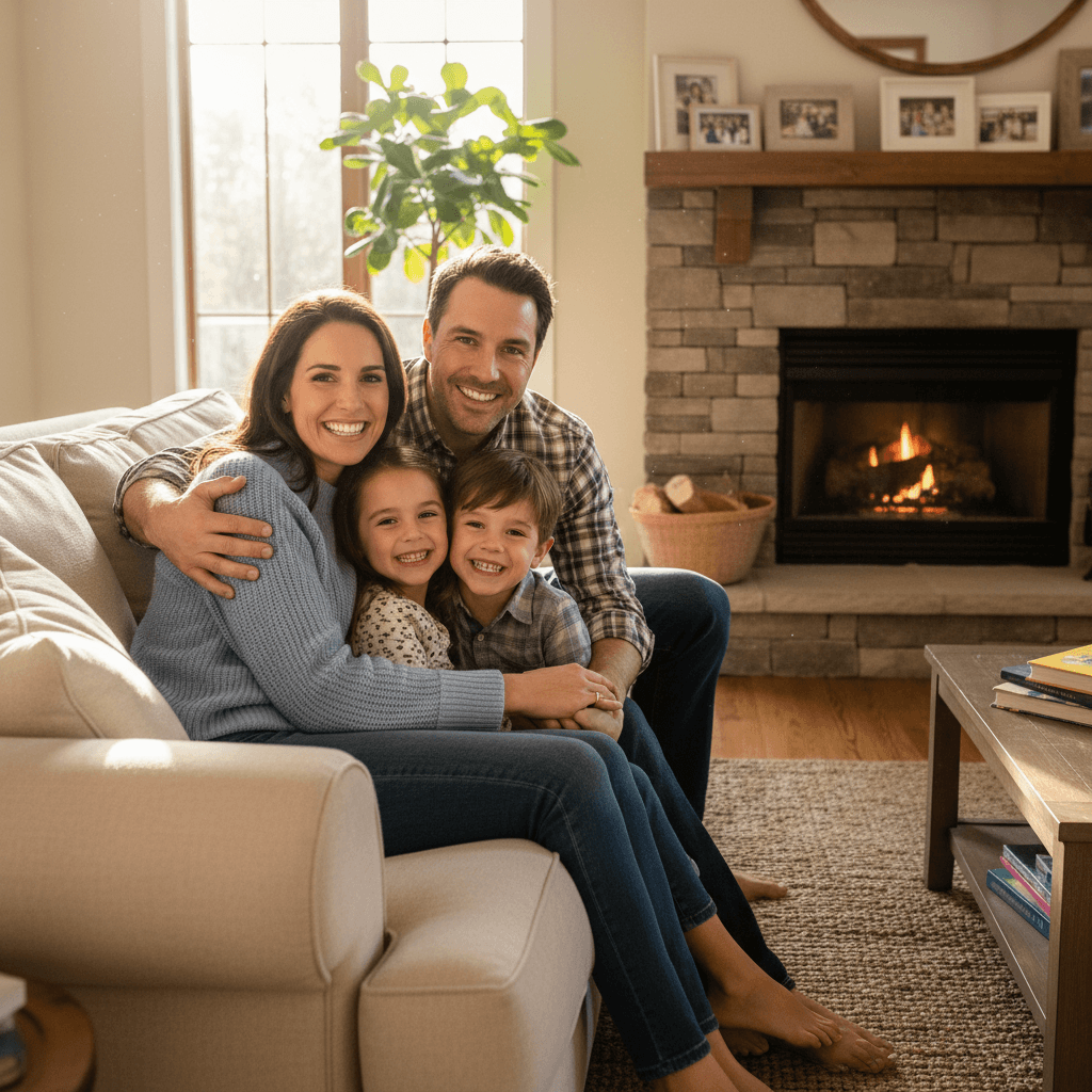 Happy family with two children sitting together on a living room sofa
