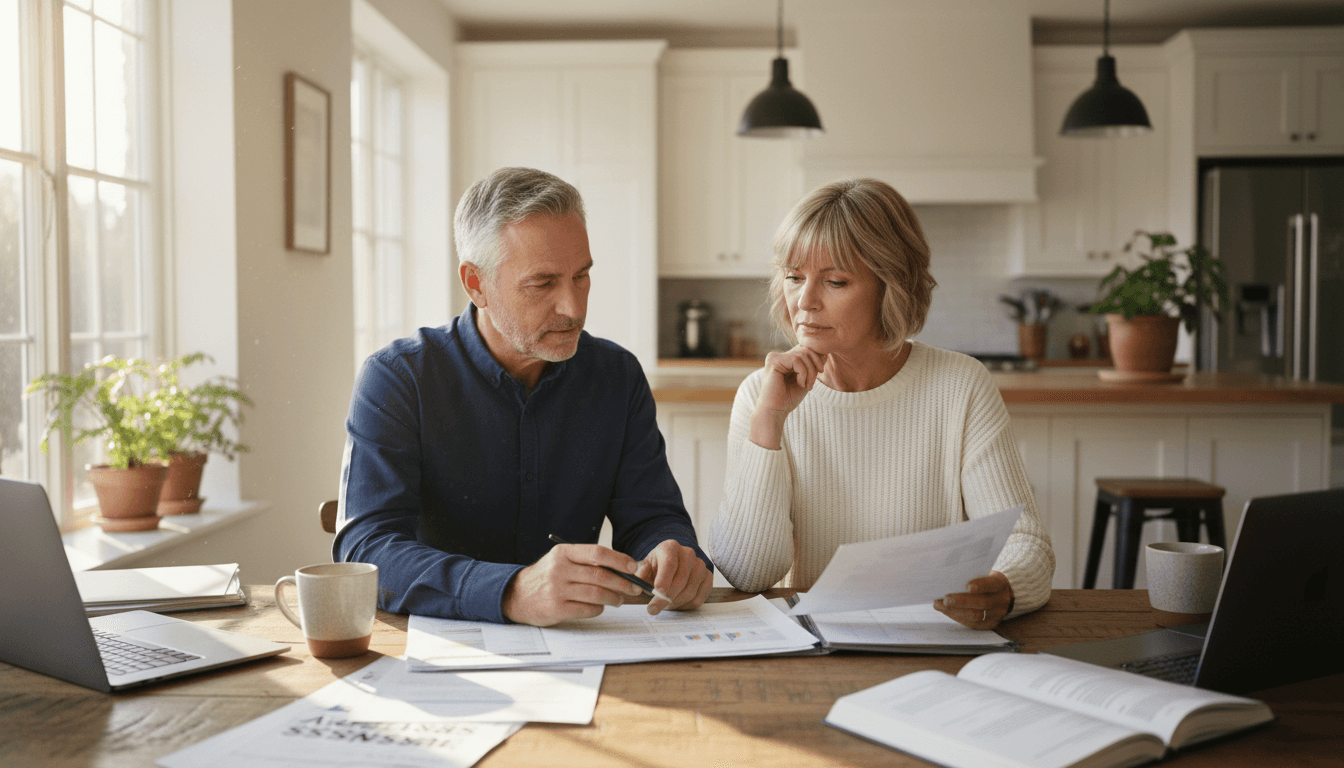 Two people in their 60s reviewing Medicare documents together at home with warm lighting