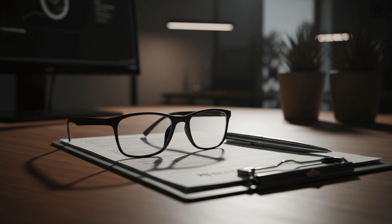 Eyeglasses on insurance documentation and clipboard