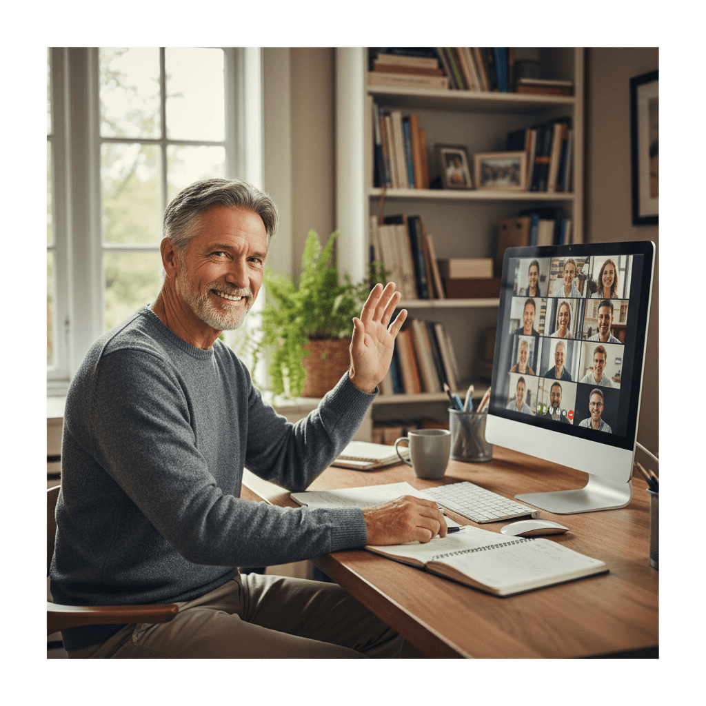 Older man having a video consultation from his home office with a laptop