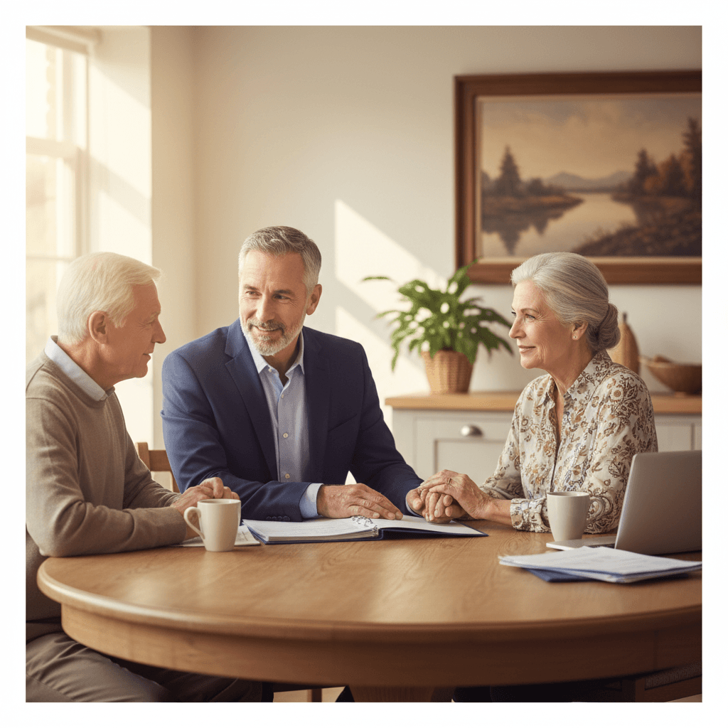 Senior couple reviewing insurance papers at home with agent