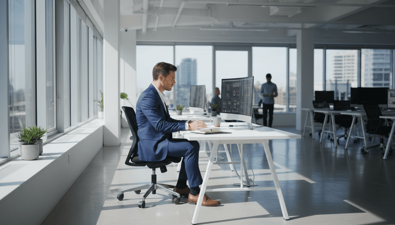 Professional man focused at work in a bright, modern office setting