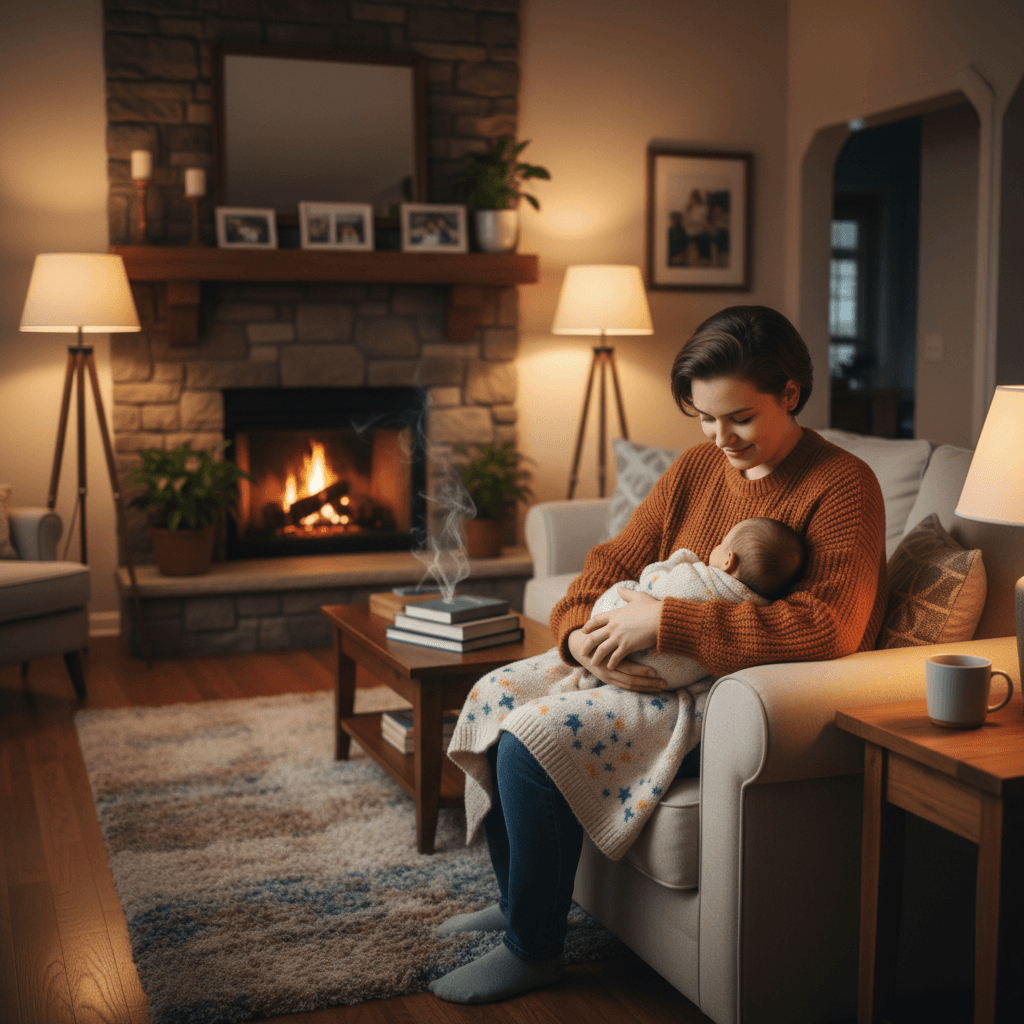 Parent holding infant in a cozy living room