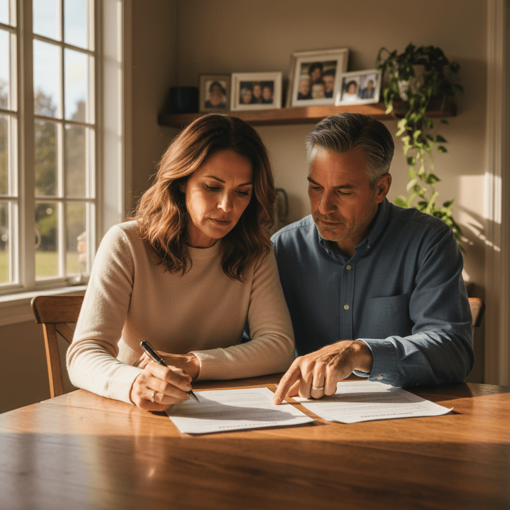 Couple reviewing life insurance documents at home