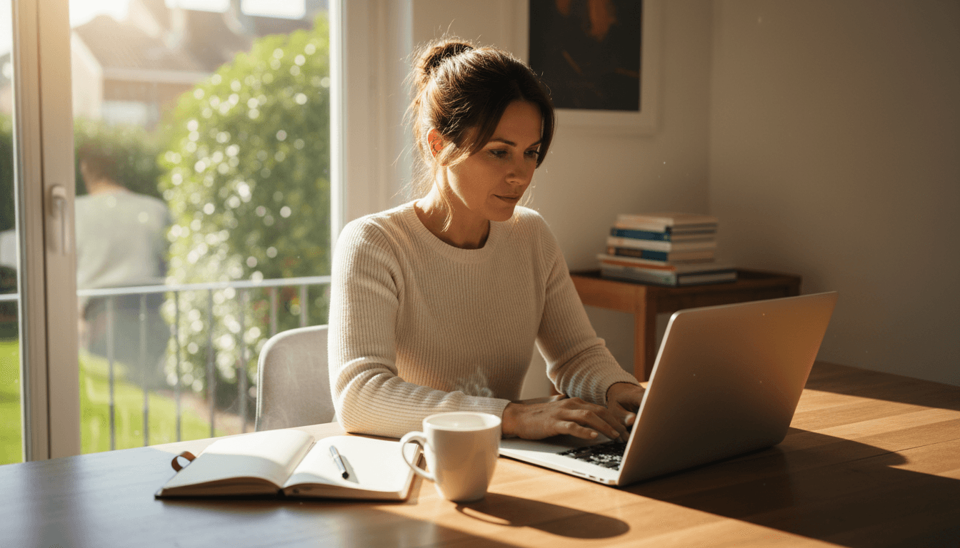 Self-employed woman working independently on a laptop in a bright home office