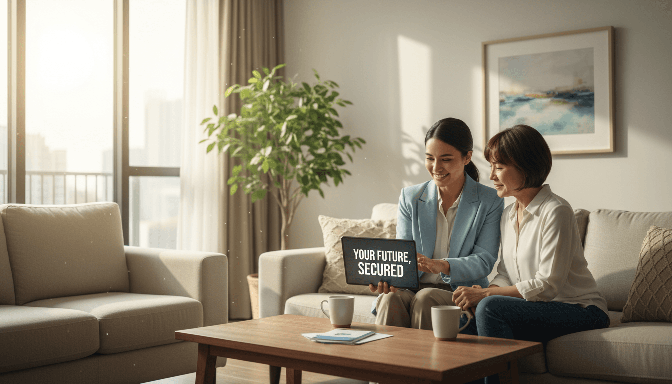 Friendly insurance agent meeting with clients in a bright living room