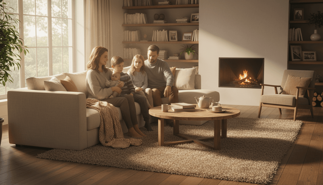 Family relaxing together in their living room, feeling secure and protected