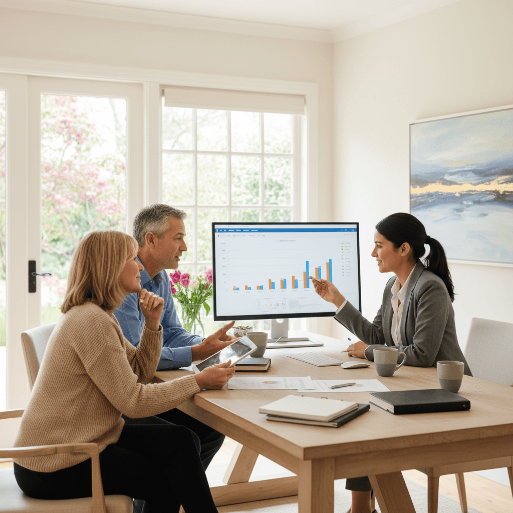 Couple in their 50s discussing insurance options with a friendly advisor
