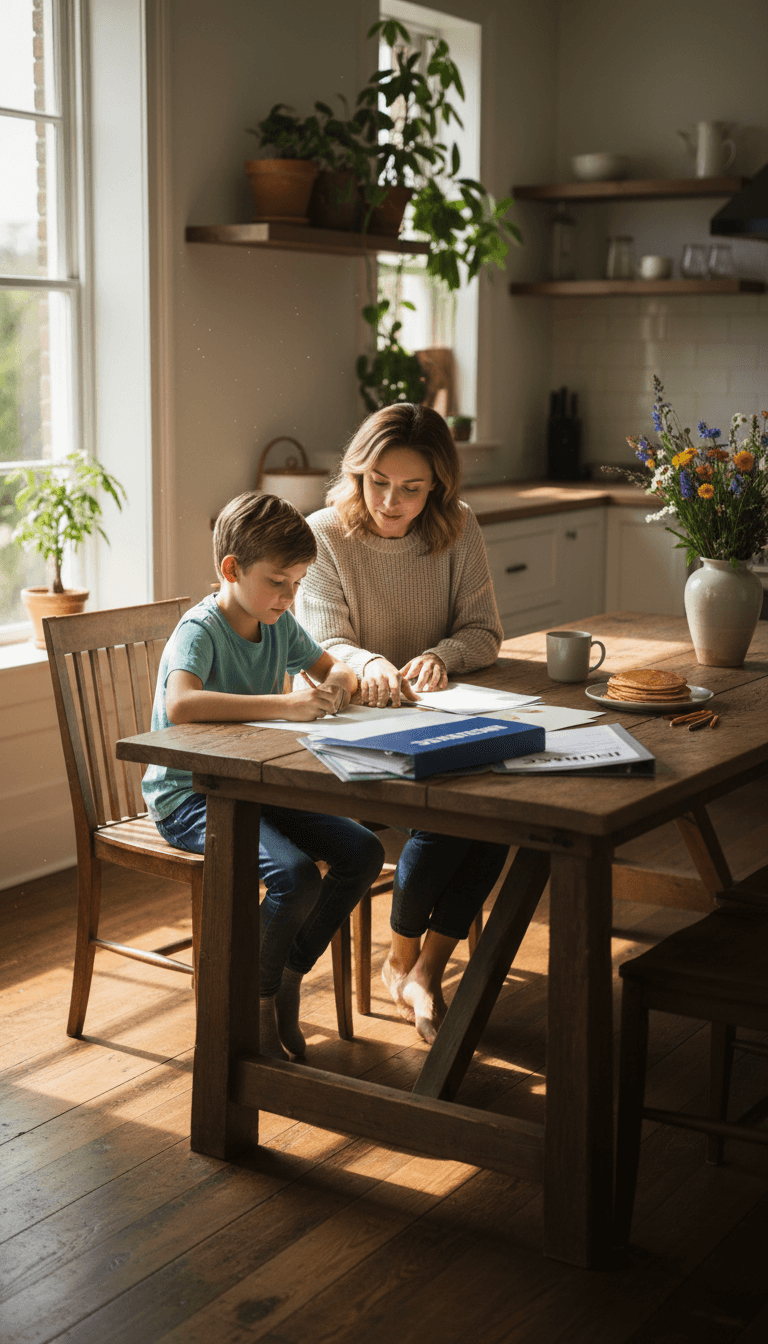 Parent and child reviewing insurance documents at home