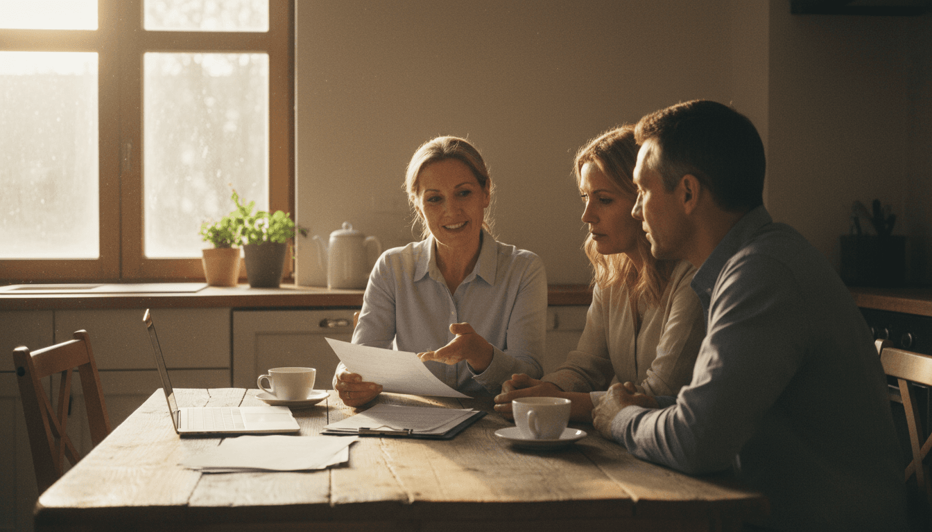 Insurance advisor sitting across a kitchen table from a couple, reviewing paperwork together in a relaxed home setting