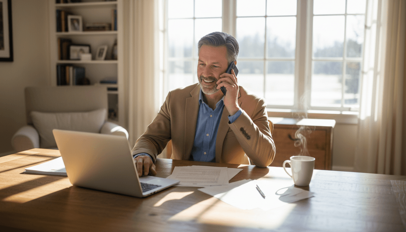 Professional insurance advisor speaking on phone at home office desk