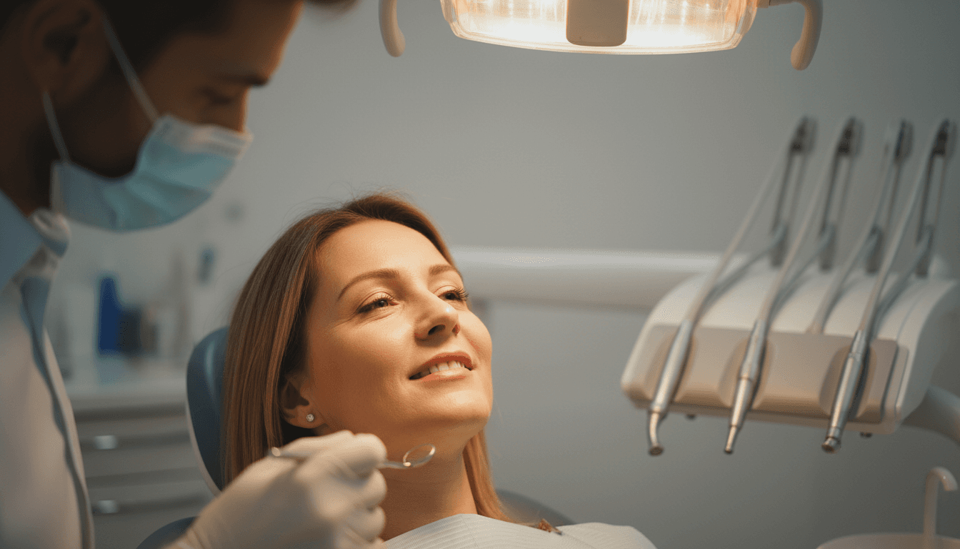 Woman during routine dental checkup, smiling confidently