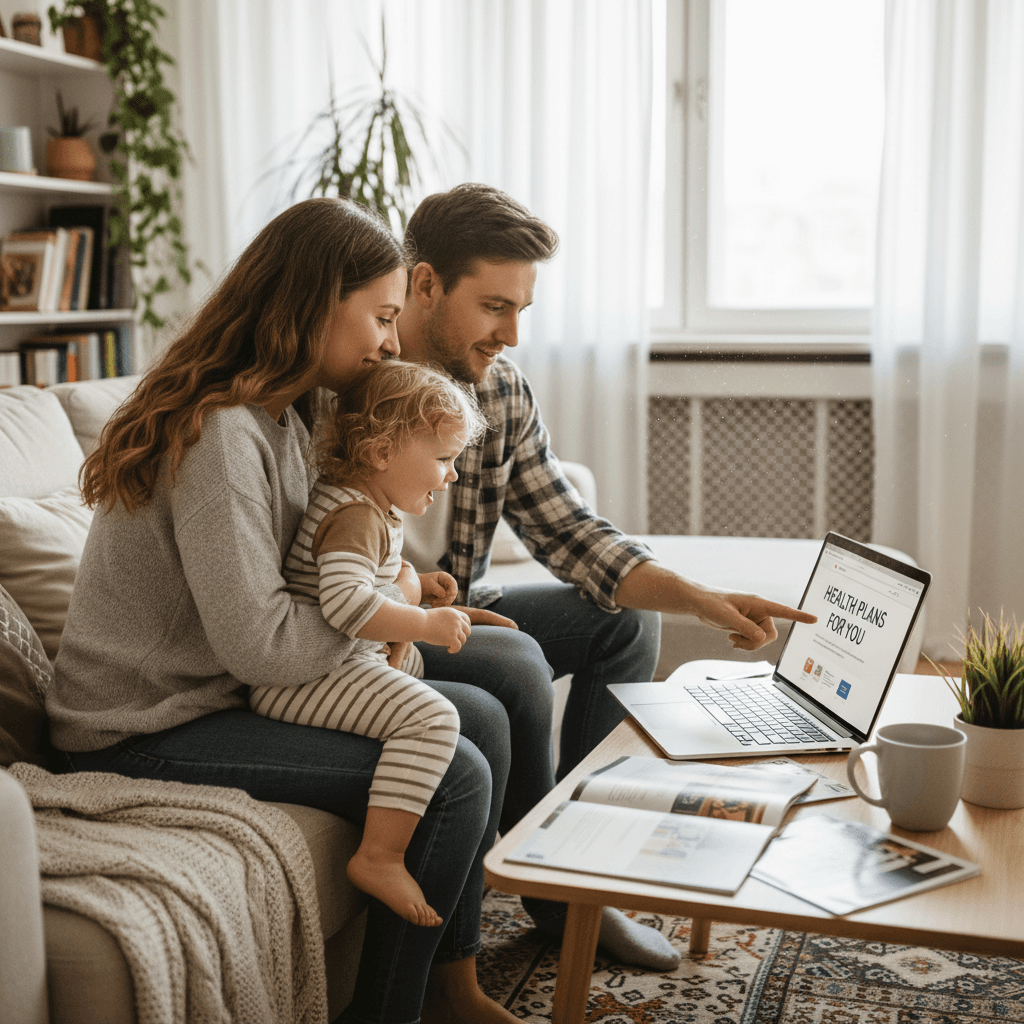Family reviewing health insurance plan options together