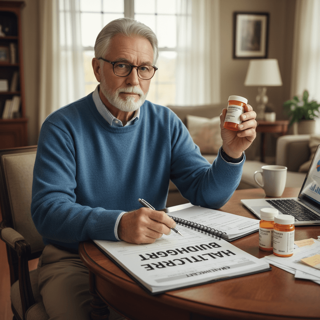 Senior reviewing medications and healthcare costs