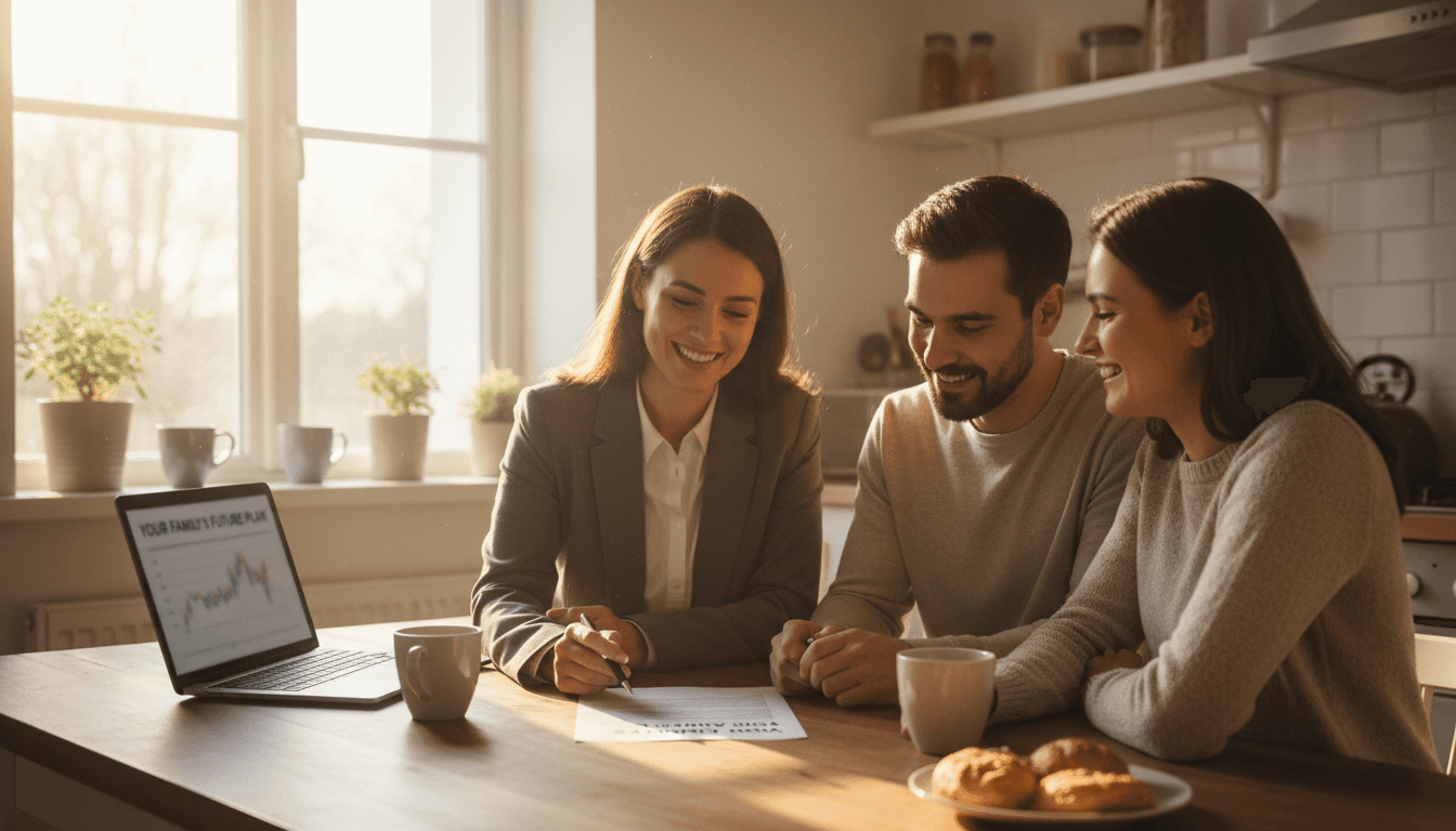 Insurance advisor reviewing a policy quote with a couple at their kitchen table in a sunlit home