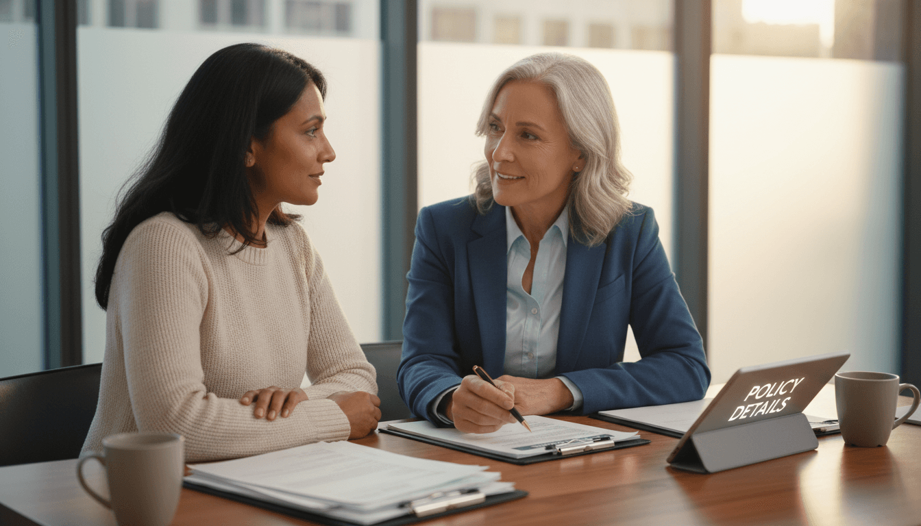 Insurance agent discussing coverage options with client in professional office setting