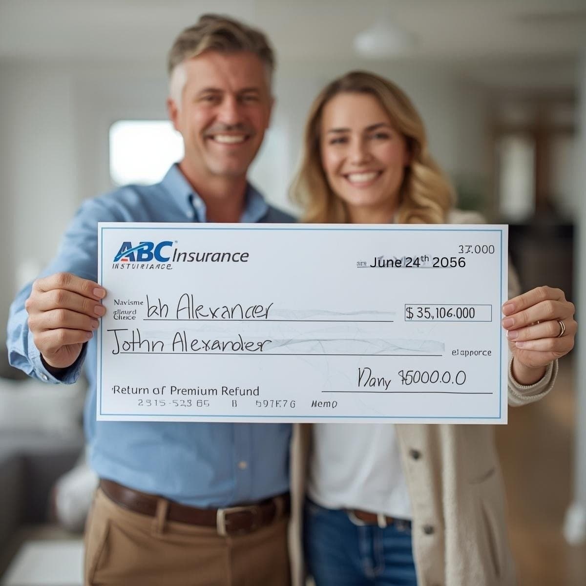 A smiling couple holds a large ABC Insurance refund check for thirty-five thousand dollars.