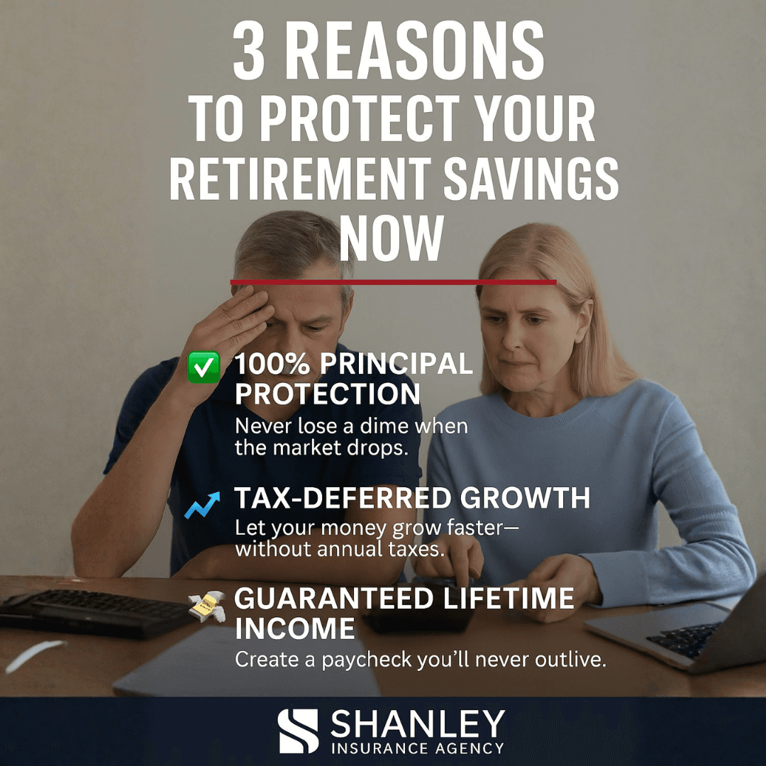 Concerned couple reviewing retirement savings protection benefits: principal protection, tax-deferred growth, and lifetime income.