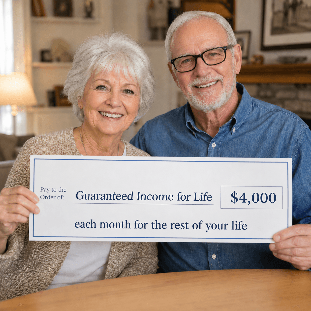 Smiling senior couple holding a large check for $4,000 monthly guaranteed income for life.