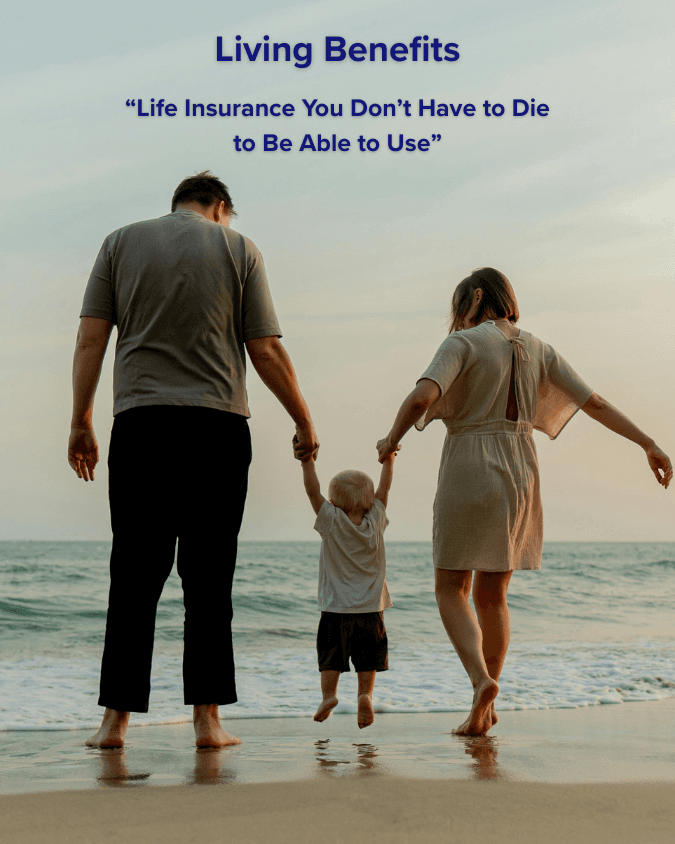 Family walking on a beach at sunset with text about living benefits life insurance.