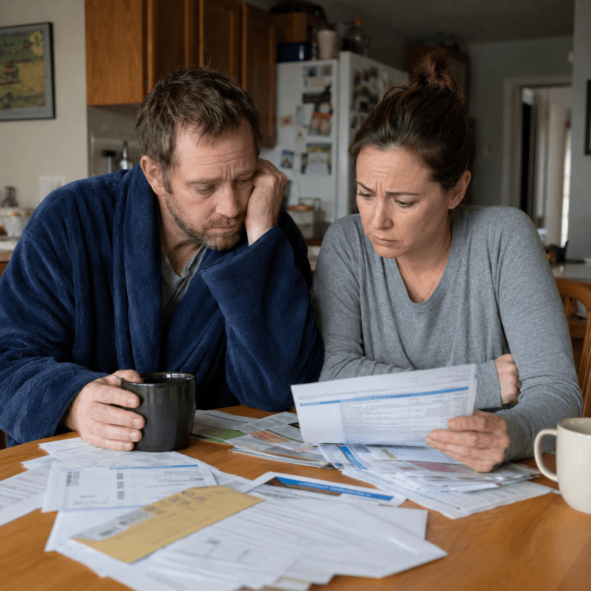 A stressed couple reviews a pile of bills and financial documents at their kitchen table.