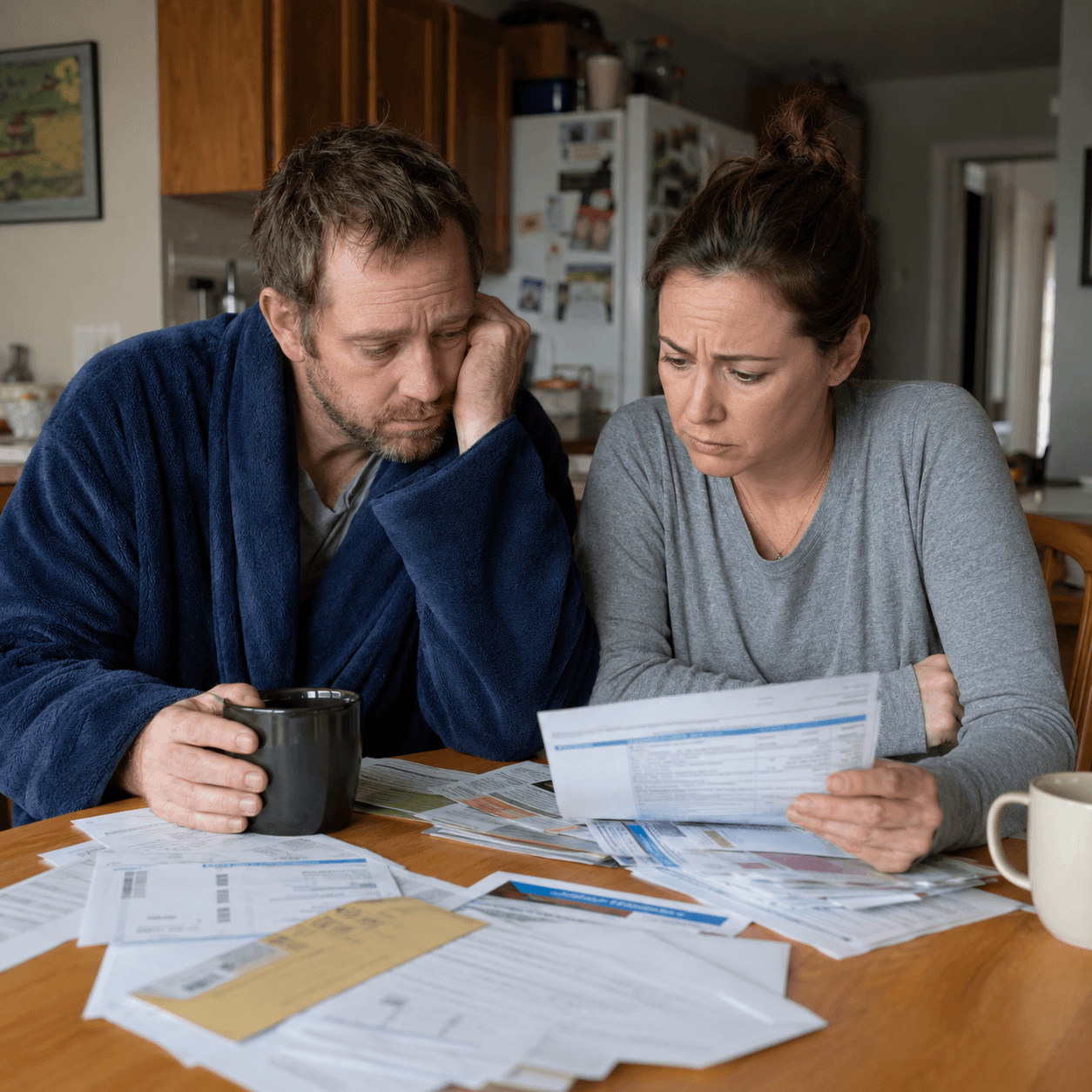 A concerned couple reviews financial paperwork and bills while sitting at their kitchen table.