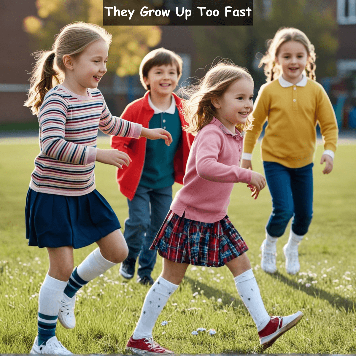 Four smiling children running on grass with text overlay reading 'They Grow Up Too Fast'.